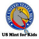 US MInt for Kids link logo with Blue outer circle with a young animal wearing a red medal  